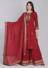 RED RAYON KURTI PLAZZO WITH PREMIUM COTTON DUPATTA