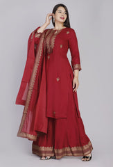 RED RAYON KURTI PLAZZO WITH PREMIUM COTTON DUPATTA