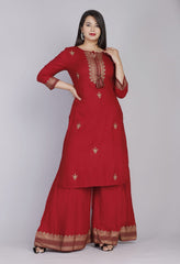 RED RAYON KURTI PLAZZO WITH PREMIUM COTTON DUPATTA