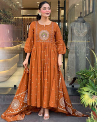 Gulnaar Mor: Orange Anarkali Set with Peacock Embroidery & Gota Detailing
