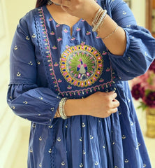 Gulnaar Mor: Blue Anarkali Set with Peacock Embroidery & Gota Detailing
