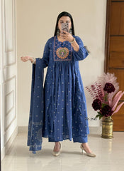 Gulnaar Mor: Blue Anarkali Set with Peacock Embroidery & Gota Detailing