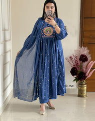 Gulnaar Mor: Blue Anarkali Set with Peacock Embroidery & Gota Detailing