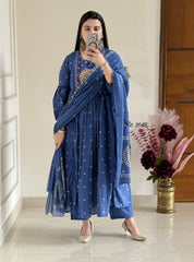 Gulnaar Mor: Blue Anarkali Set with Peacock Embroidery & Gota Detailing