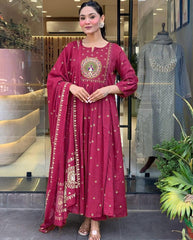 Gulnaar Mor: Maroon Anarkali Set with Peacock Embroidery & Gota Detailing