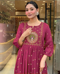 Gulnaar Mor: Maroon Anarkali Set with Peacock Embroidery & Gota Detailing