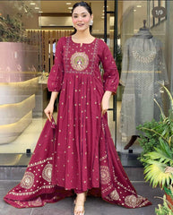 Gulnaar Mor: Maroon Anarkali Set with Peacock Embroidery & Gota Detailing