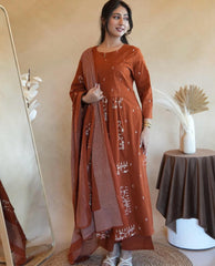 Rust Anarkali Set With Mulmul Dupatta