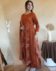 Rust Anarkali Set With Mulmul Dupatta