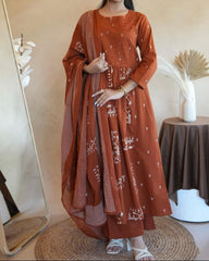Rust Anarkali Set With Mulmul Dupatta