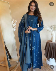 Blue Anarkali Set With Mulmul Dupatta