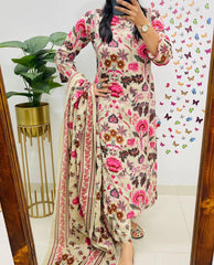 Beige Floral Kurta Pant and Dupatta Set