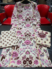 Beige Floral Kurta Pant and Dupatta Set