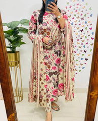 Beige Floral Kurta Pant and Dupatta Set