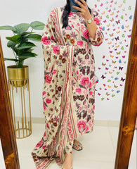 Beige Floral Kurta Pant and Dupatta Set