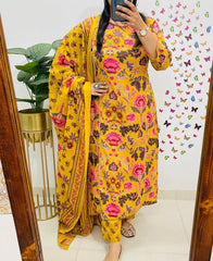 Yellow Floral Kurta Pant and Dupatta Set