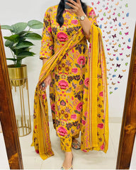 Yellow Floral Kurta Pant and Dupatta Set