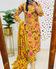 Yellow Floral Kurta Pant and Dupatta Set
