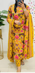Yellow Floral Kurta Pant and Dupatta Set