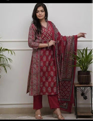 Red Buta Cotton Kurta and Pant Set With Dupatta