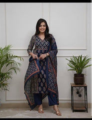 Blue Buta Cotton Kurta and Pant Set With Dupatta