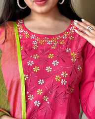 Pink Handloom Cotton Kurta Set with Linen Dupatta