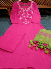 Pink Handloom Cotton Kurta Set with Linen Dupatta