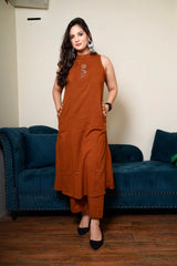 Rust Cotton A-Line Kurta and Pant Set