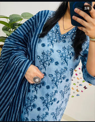 Blue Cotton Sequence Work Kurta Pant With Dupatta Set
