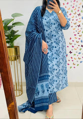 Blue Cotton Sequence Work Kurta Pant With Dupatta Set