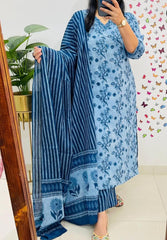 Blue Cotton Sequence Work Kurta Pant With Dupatta Set
