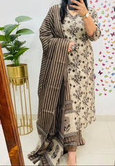 Beige Cotton Sequence Work Kurta Pant With Dupatta Set