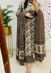 Beige Cotton Sequence Work Kurta Pant With Dupatta Set