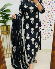 Soft Grace Black Cotton Kurta Pant and Dupatta Set