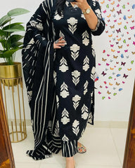Soft Grace Black Cotton Kurta Pant and Dupatta Set