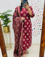 Soft Grace Red Cotton Kurta Pant and Dupatta Set