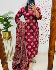 Soft Grace Red Cotton Kurta Pant and Dupatta Set