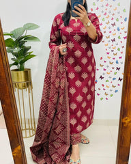 Soft Grace Red Cotton Kurta Pant and Dupatta Set