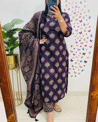Soft Grace Purple Cotton Kurta Pant and Dupatta Set