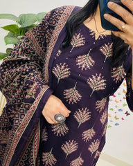Soft Grace Purple Cotton Kurta Pant and Dupatta Set