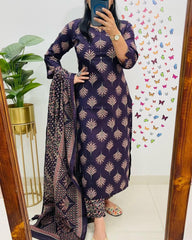 Soft Grace Purple Cotton Kurta Pant and Dupatta Set