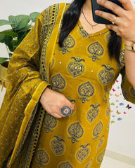 Premium Mustard Yellow With Heart  Motifs , Hand Sequin Work , 3 Piece Suit With Duptta