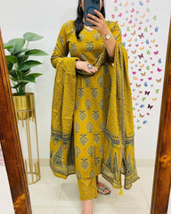 Premium Mustard Yellow With Heart  Motifs , Hand Sequin Work , 3 Piece Suit With Duptta