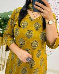 Premium Mustard Yellow With Heart  Motifs , Hand Sequin Work , 3 Piece Suit With Duptta
