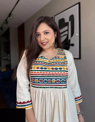 Ethnic Cotton Anarkali Kurta Set With Embroidered Yoke, White 3/4 Sleeves