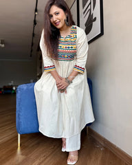 Ethnic Cotton Anarkali Kurta Set With Embroidered Yoke, White 3/4 Sleeves