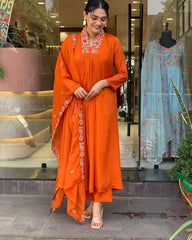 Embroidery orange Kurta Pant and Dupatta Set