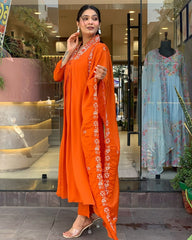 Embroidery orange Kurta Pant and Dupatta Set