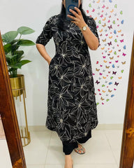 Women Cotton Sleeves Mandarin Collar Button Down Floral Printed Aline Co-ord Set