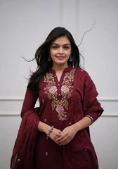 Red Embroidered Kurta Pant and Dupatta Set